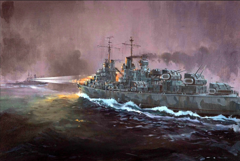 the cruiser " Atlanta", painting, easy, American, fast, the first battle for Guadalcanal, ship, fire, "Hiei", battleship, WW2, 2K, art, battle, shots