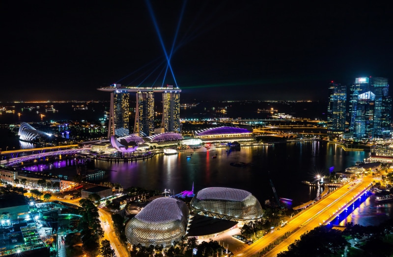 floodlight, sea, bridges, 4K, design, the building, road, night, Marina Bay Sands, lights, coast, home, Singapore, the hotel, megapolis