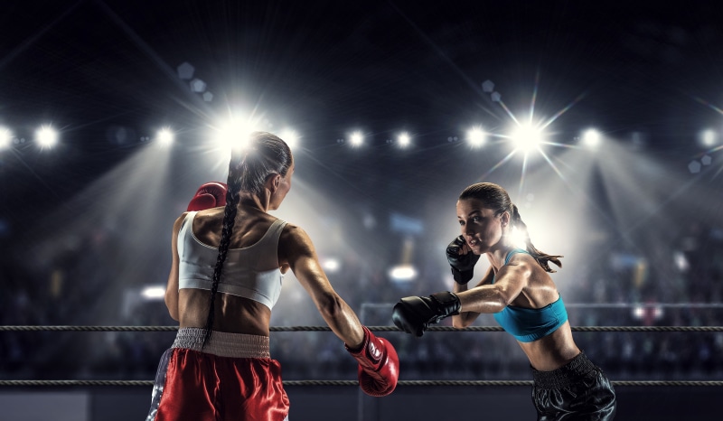 the ring, bokeh, rival, Boxing, briefs, 4K, girls, the fight, braids, two, brunette, gloves, light, tribune, floodlight, ropes, Mikey