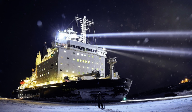 " Vaigach", 1080P, The ship, The add-in, Rosatom, Icebreaker, Ice, Night, Snow, Vaygach, People, Nose, Atomflot, Vaigach, Floodlight, Russia, Tank, Nuclear