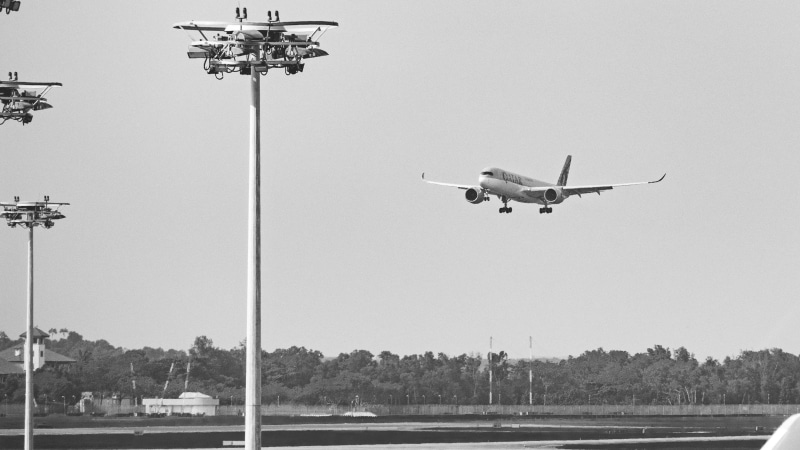 2K, flying, grayscale, airliner, transportation, airbus, travel, airport runway, photo, forest, nature, tree, motion, landing - touching down, no people