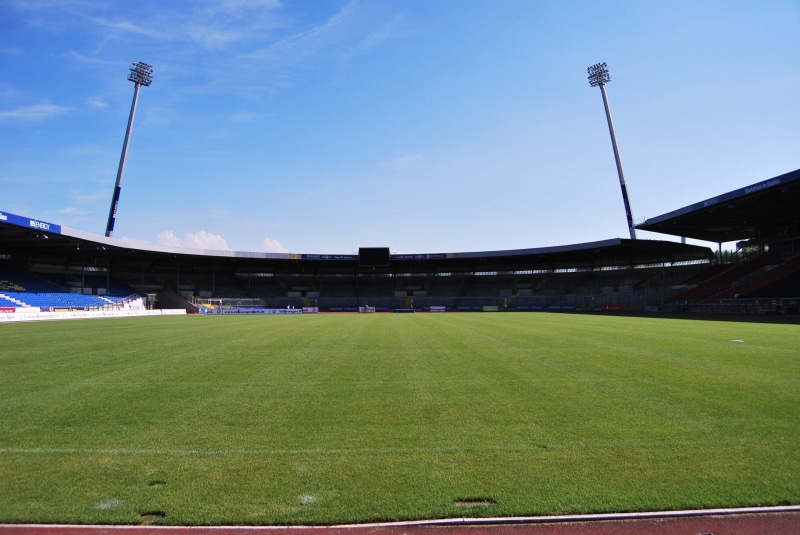 green color, nature, sky, built structure, competition, 1080P, soccer stadium, Soccer, cloud - sky, game, grass, bleachers, architecture, Arena, no people