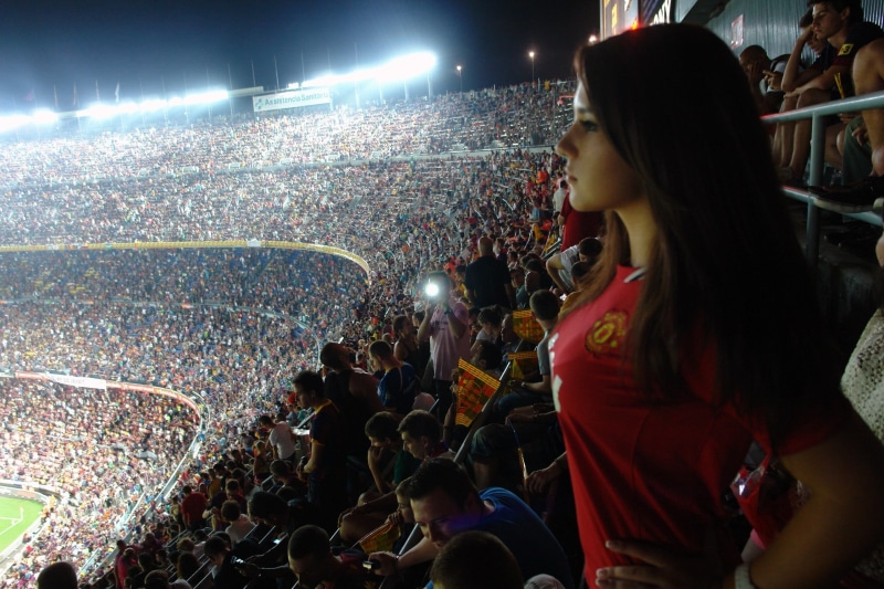 illuminated, real people, arts culture and entertainment, urban Scene, street, Camp Nou, lifestyles, standing, crowd, jersey, s, soccer, Manchester United