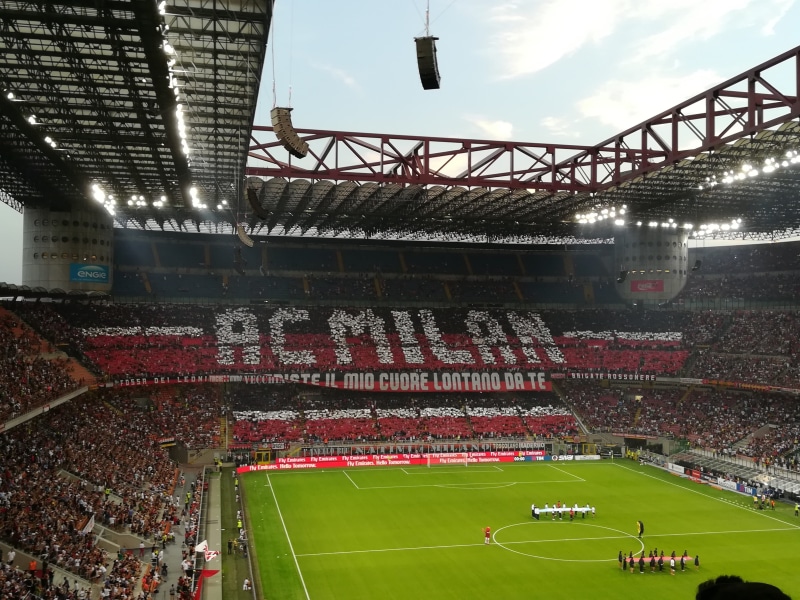 high angle view, large group of people, grass, match - sport, arts culture and entertainment, football, milan, stadium, crowd, soccer, built structure