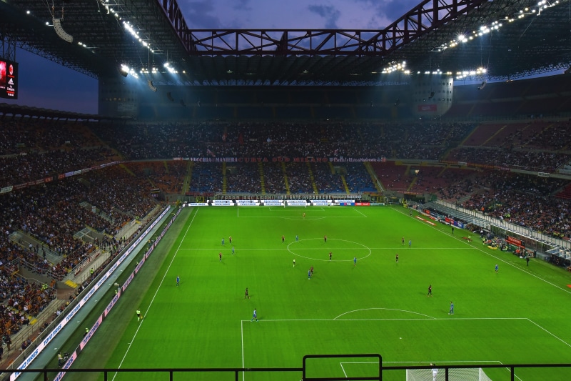 people, light - natural phenomenon, lighting equipment, goal, siro, grass, san Siro, san, high angle view, italy, green color, playing field, night, leisure activity