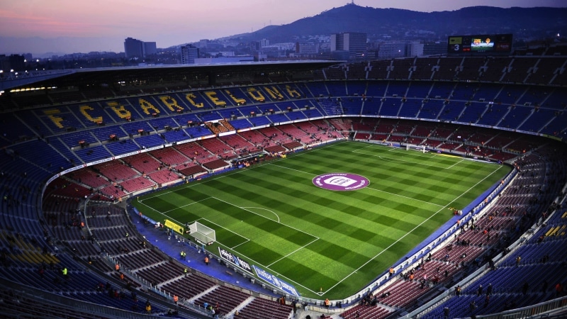 sports venue, high angle view, bleachers, barcelona soccer clubs fc barcelona stadium camp nou, soccer field, floodlit, seat, grass, competition, green color