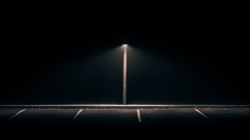 minimalism black background photography street lamps street light lights dark night abandoned lines empty path parking lot isolation alone, 1080P