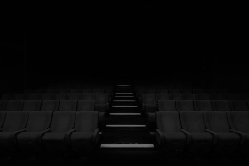 theater, stairs, simple background, dark, 1080P, chair, black background, photography, minimalism