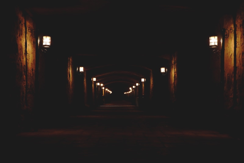 diminishing perspective, 5K, long, no people, street, empty, little, illuminated, vanishing point, night, lighting equipment, pathway, built structure