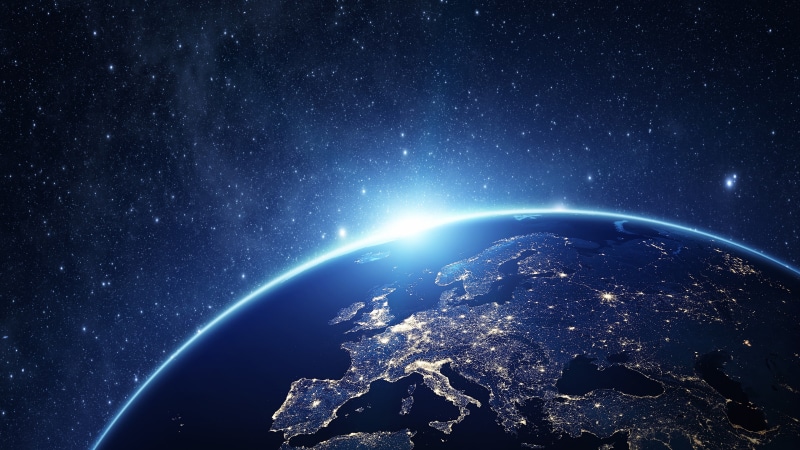 4K, render, fraud, space art, CGI, city lights, digital art, European map, Europe, space, stars, Earth
