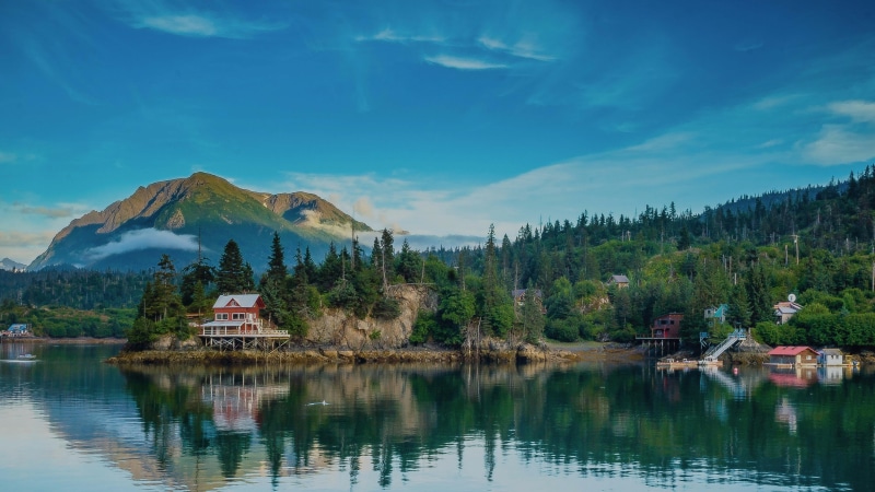 reflection, nature, outdoors, mountain, no people, cloud - sky, building exterior, building, halibut cove, tranquility, wilderness, north america, sky