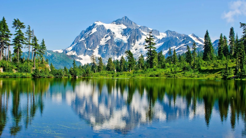 national park, lake, blue sky, mount, reflect, trees, mount shuksan, north cascades, mountain lake, north cascades national park, reflection, america, mountains