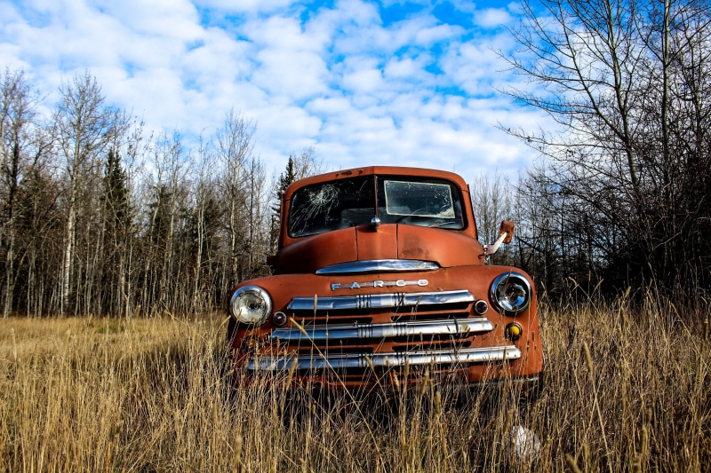 chrome, metal, bumper, motor vehicle, classic car, clouds, day, rusted, engine, steel, abandoned, old, tree, field, aged, wood, retro, automobile, truck