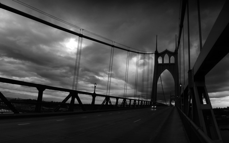 cloud - sky, dark, traffic, overcast, engineering, the way forward, travel, suspension bridge, monochrome, frame, metal, black, cityscape, architecture