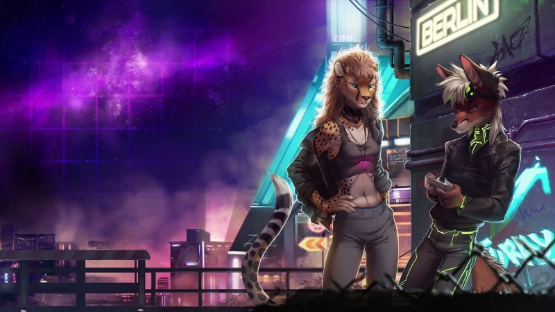 three quarter length, digital, standing, enjoyment, 1080P, cyberpunk, furry, emotion, fox, two people, Anthro, positive emotion, full length, purple, arts culture and entertainment