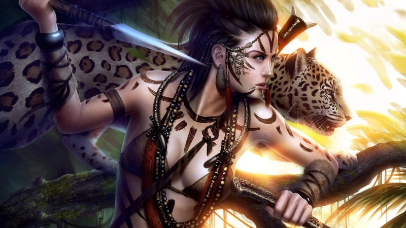warrior, 3d and abstract, big cat, beside, 1080P, girl, leopard