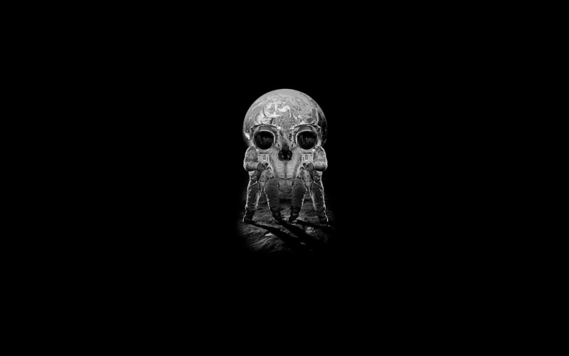 indoors, human skeleton, dark, one animal, monochrome, copy space, close-up, no people, portrait, spooky, illustration, skull, body part, 1080P, studio shot
