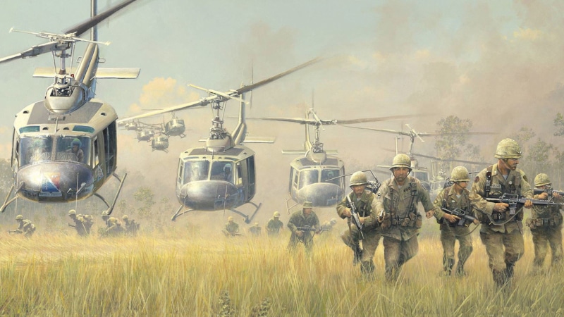 transportation, military uniform, screenshot, uniform, cavalry, military, outdoors, infantry, army helmet, Vietnam, responsibility, gun, battle, helicopter