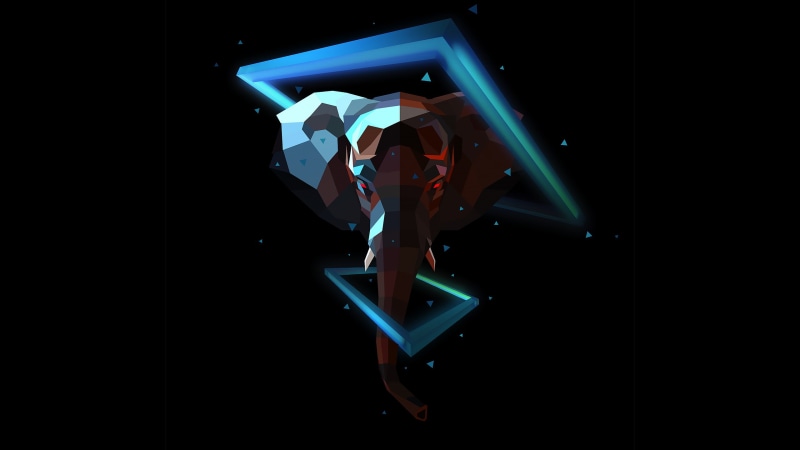 one person, real people, glowing, elephant, black background, illuminated, multi colored, Lowpoly, arts culture and entertainment, full length, 2K, light