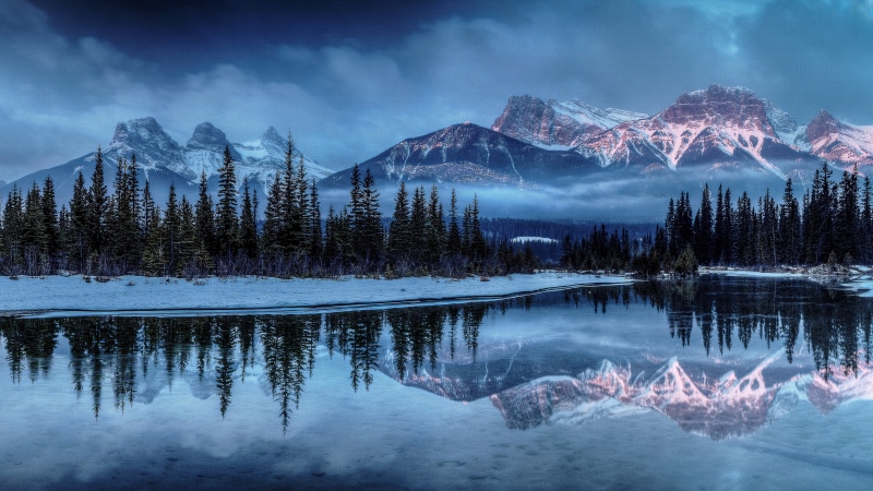 no people, water, tranquility, reflection, snowcapped mountain, winter, tree, cold temperature, nature, scenics - nature, beauty in nature, mountain range