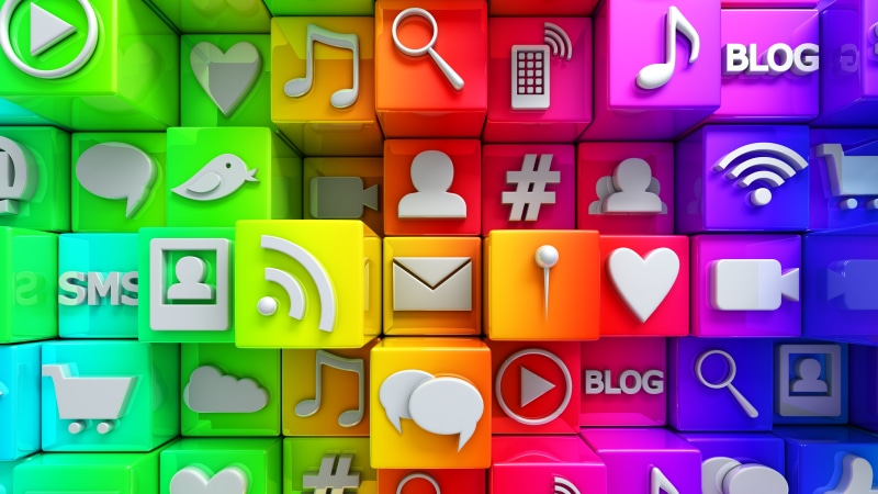 cubes, 8k uhd, social media, 8K, 3d, media, multiocolored, icons, colorful, social