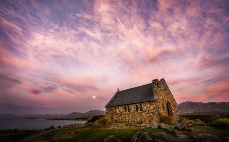 brick house, Tekapo, Water, Cloud, Tussock, Building  Stone, Snow, Canterbury, nature, Historical, Day  Night, Outdoor, com, Sky, Religion, Grass, Blue  Marble