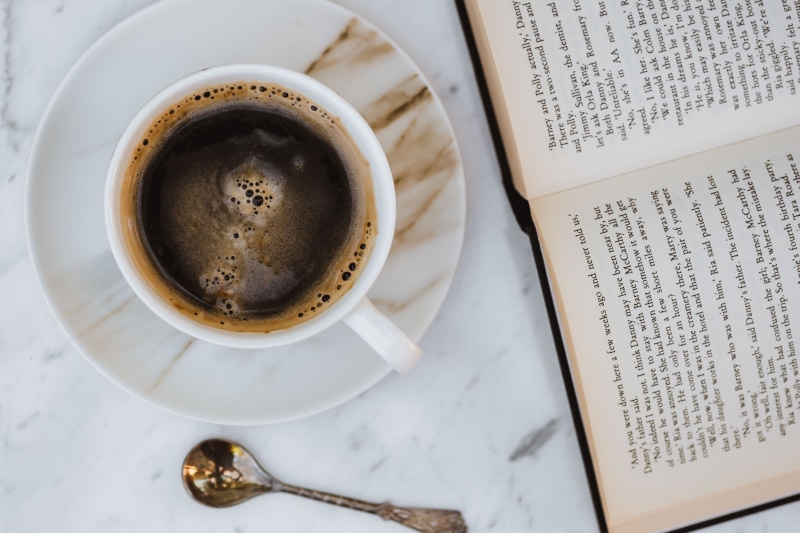 publication, cafe, black coffee, time, marble table, coffee, high angle view, table, open, nobody, communication, 4K, paper, still life, coffee cup, marble