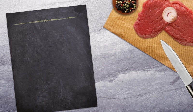 wellbeing, serve, close-up, nutrition, meat, background image, directly above, knife, copy space, cook, note, pasta, parchment paper, menu, info, peppercorns