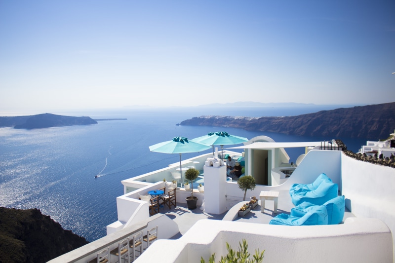blue, mountain, water, white, sea, sand, sunlight, beauty in nature, santorini, clear sky, day, luxury, travel destinations, sky, scenics - nature, greek