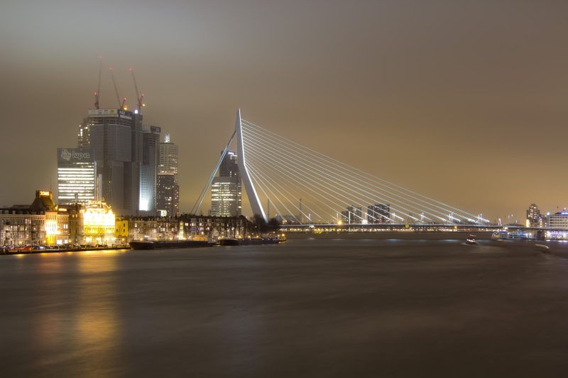 cityscape, bridge - Man Made Structure, night, urban Skyline, night  light, photography, Rotterdam, erasmusbrug, nederland, Erasmus Bridge, famous Place