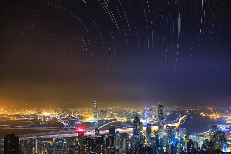 architecture, pollution, skyscraper, 720P, Hong Kong, cityscape, city lights, clear sky, building, night, stars, long exposure, Prisca Law