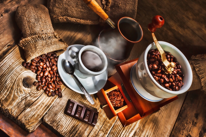 coffee, still life, saucer, grinder, dark, mug, pouch, table, Turk, food and drink, coffee cup, indoors, 5K, espresso, painting, chocolate, rustic, close-up