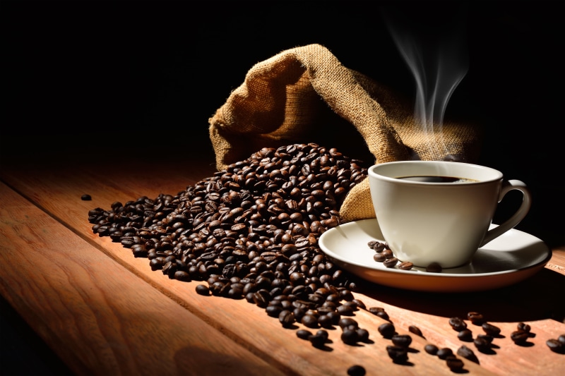 table, coffee beans, smoke, coffee, aroma, background, brown, bag, grain, black, drink, flavored coffee, 5K, invigorating, caffeine, saucer, Cup, array