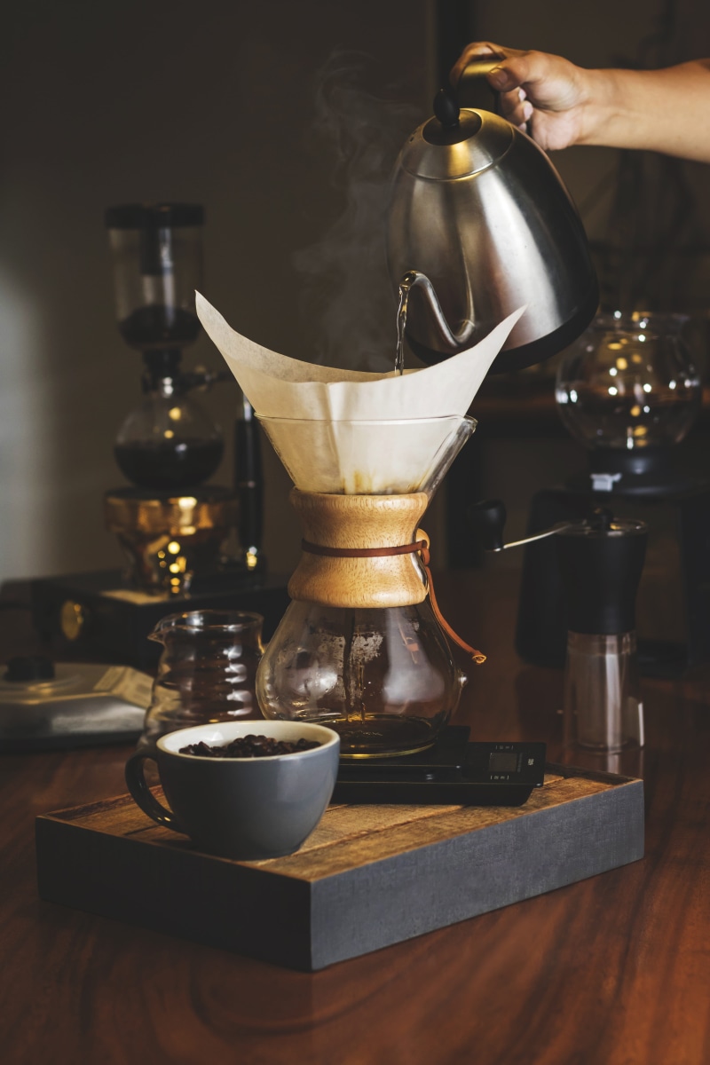pouring, cafe, coffee - drink, clear, ground coffee, espresso, wood - material, baristum, water, refreshment, holding, coffee filter, jar, food and drink