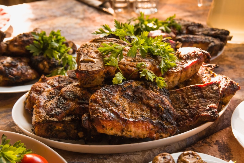 healthy eating, lamb - meat, roasted, beef, meal, summer, grilled, shish kebab, herb, fried meat, barbecue, freshness, plate, bbq, food and drink, meat