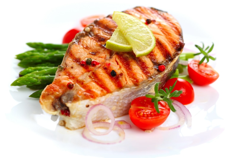 cooked, fruit, steak, vegetable, refreshment, tomatoes, ready-to-eat, garnish, healthy Eating, rosemary, indoors, green Color, macro, fish, isolated, prepared Fish
