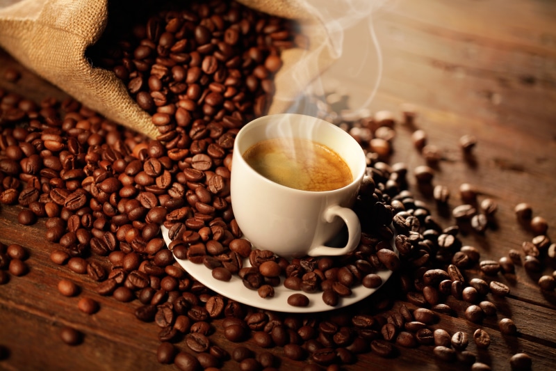 indoors, cappuccino, non-alcoholic beverage, caffeine, bag, drink, roasted coffee bean, scented, burlap, ceramic, roasted, morning, seed, table, crockery