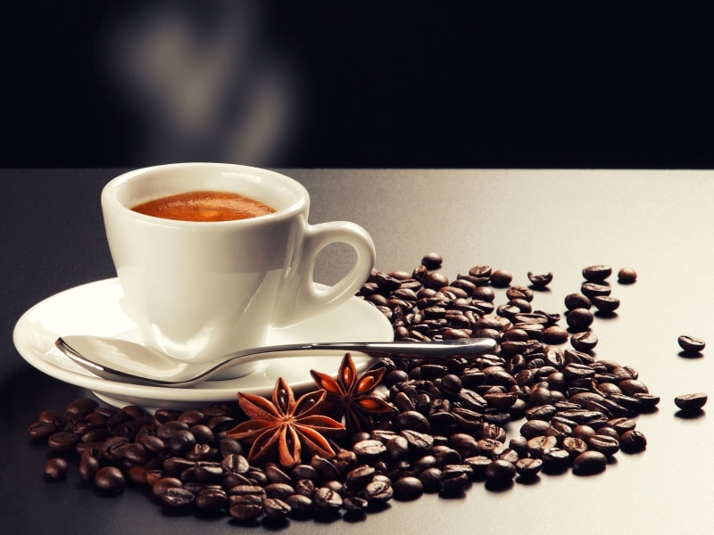 breakfast, cinnamon, non-alcoholic beverage, still life, roasted coffee bean, black Color, food, seed, latte, saucer, hot drink, morning, ceramic, coffee beans