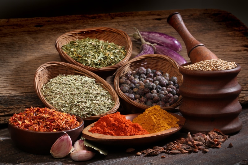 food, food and drink, wellbeing, high angle view, large group of objects, indoors, spice, still life, red pepper, healthy eating, vegetable, bowl, spices