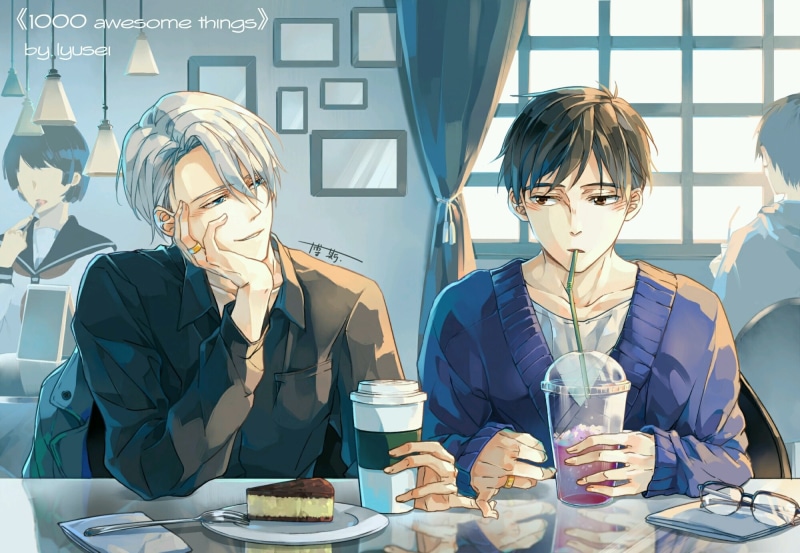 table, two people, food and drink, lifestyles, restaurant, glass - material, Anime, katsuki yuuri, glass, adult, front view, refreshment, females, real people