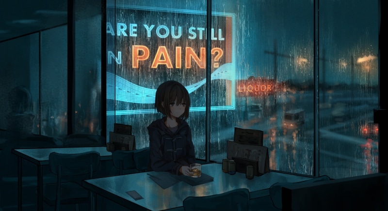 night, anime, rain, cafe, mood, 1080P, art