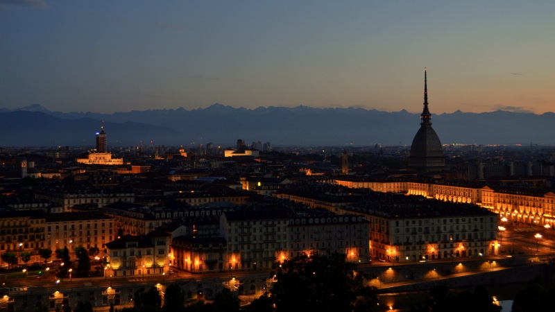 piazza, sunset, piedmont, mole, sunrise, river, po, tower, panoramic, italy, residential district, cultures, lights, high angle view, architecture, nature
