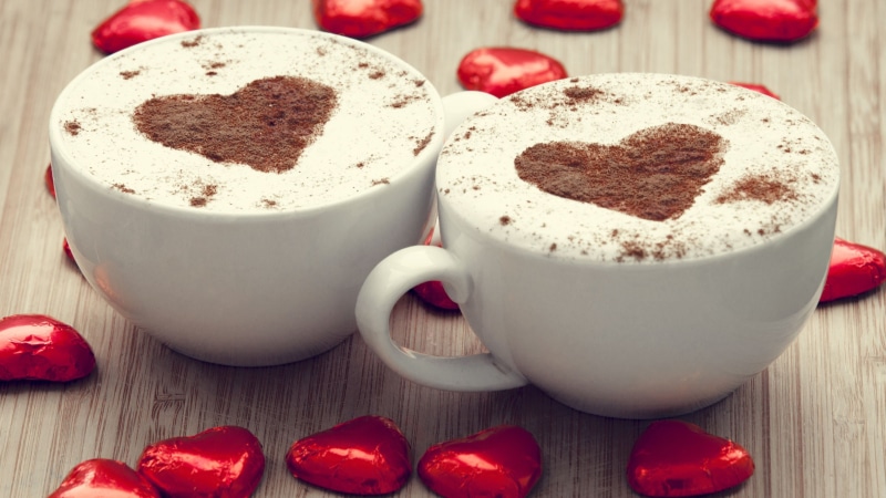 Love, Coffee, Cappuccino, Chocolate, Cups, Two, Hearts, 4K