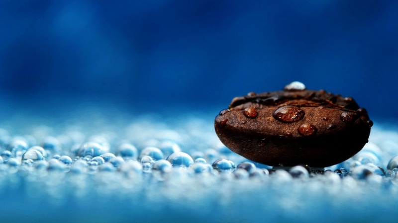 macro, brown, drops, 1080P, blue, 3d and abstract, coffee, bean