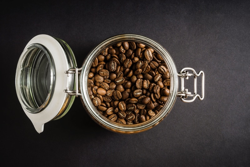 cafe, close-up, jar, coffee, food and drink, bean, brown, refreshment, directly above, 4K, indoors, beans, no People, still life, studio shot, food, black background