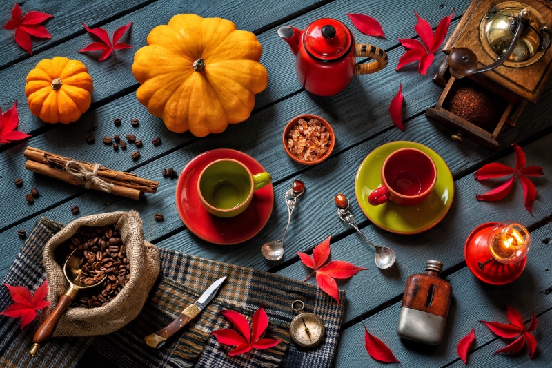 mugs, candle, leaves, kettle, coffee, style, 5K, coffee grinder, knife, compass, autumn still life, pumpkin, spoon, coffee beans, cinnamon