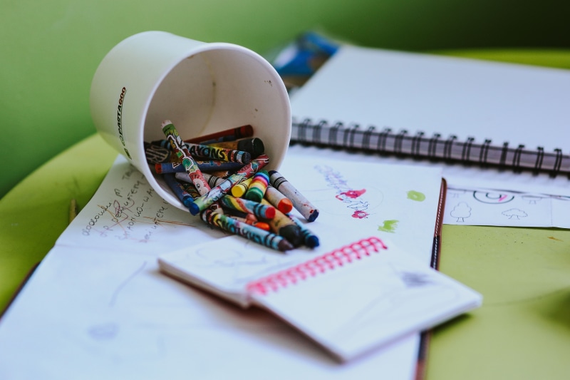 crayons, s, still life, high angle view, creativity, industry, writing instrument, work Tool, Childrens, day, multi colored, colored pencil, note pad, pencil
