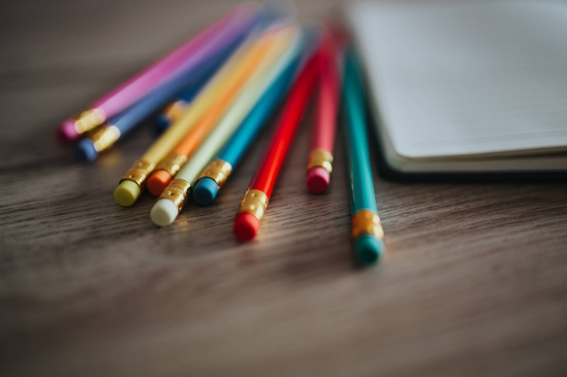 red, blue, journal, wood - Material, abundance, still life, pencils, art and craft equipment, crayon, close-up, yellow, wooden, craft, group of Objects