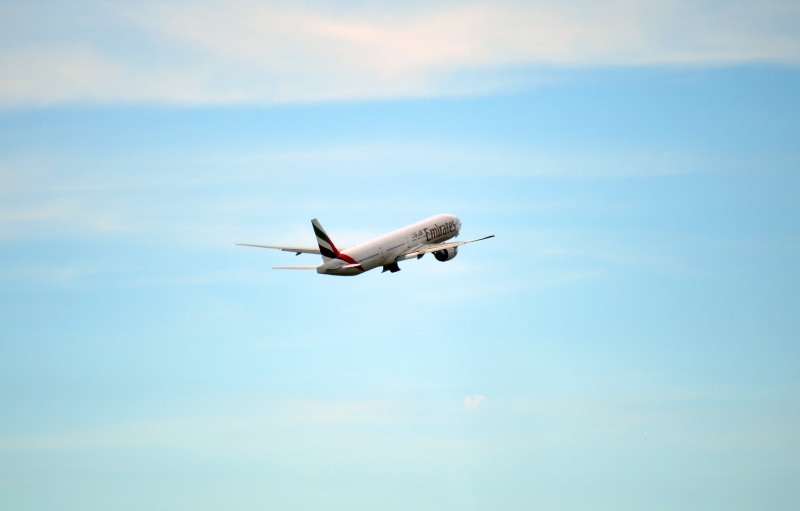 no people, trip, dubai, Flight, low angle view, daytime, 1080P, large, modern, arab, take off, aerospace Industry, jet - Band, white, Emirates, red, blue