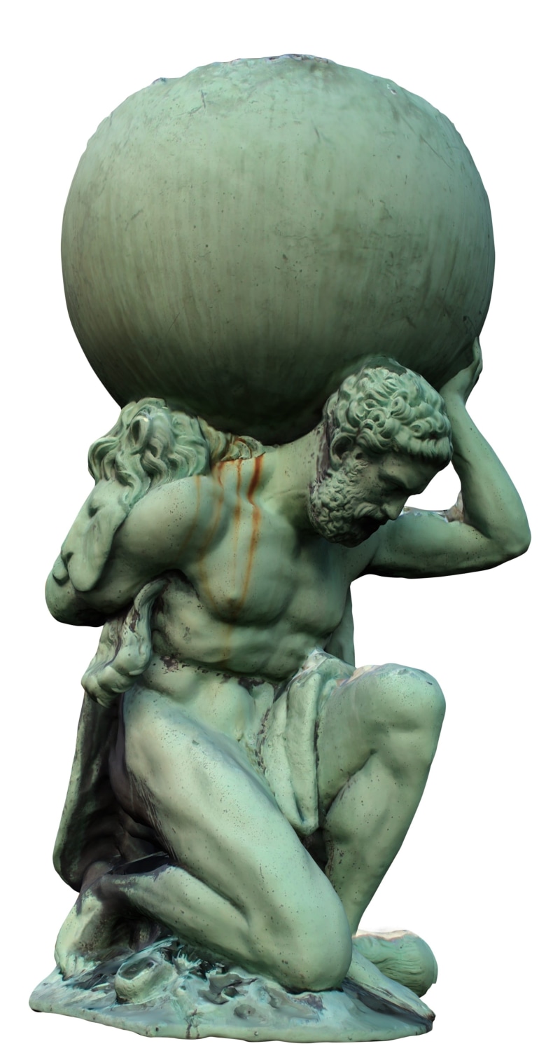 statue, low angle view, white background, close-up, creativity, concrete, studio shot, atlas, monument, myth, sky, ancient, architecture, human representation